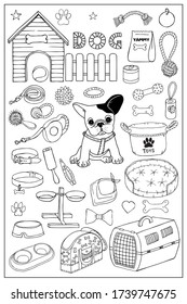 French Bulldog And Dog Items Set. Hand Draw Doodle Vector Graphics.