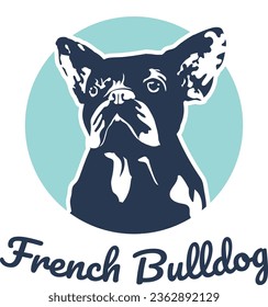 Diseño del logo del perro Bulldog francés. Icono de perro francés, 2 colores. Pegar en un fondo blanco. Dibujo De Bulldog Azul Y Blanco. Estilo caricaturista. Tarjeta de saludo creativa y divertida. Formas simples. Vet