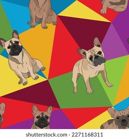 French Bulldog dog on a mosaic geometric background. Funky, colorful vibe, rainbow colors palette. Simple, clean, modern texture. Geometric, polygon style. Summer seamless pattern with dogs.Triangles.