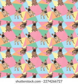 French Bulldog dog on a mosaic geometric background. Funky, colorful vibe, rainbow colors palette. Simple, clean, modern texture. Geometric, polygon style. Summer seamless pattern with dogs.Triangles.