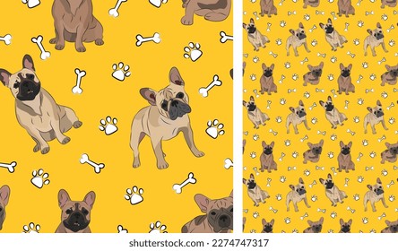 French Bulldog dog on a playful yellow background with bones and paws. Funky, colorful vibe, vibrant palette. Simple, clean, modern texture. Summer seamless pattern with dogs. Birthday present.