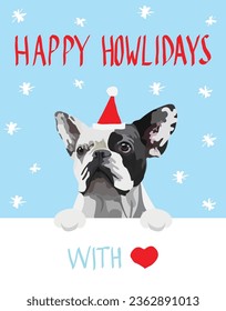 Perro Bulldog francés con patas afiche navideño. Postal navideña de invierno. Feliz tarjeta de Navidad para perros de Howlidays Dog para los amantes del perro. Textura abstracta con dibujo francés. Estilo de caricatura. Carácter popular.