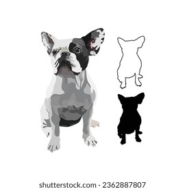 Retrato de perro Bulldog francés. Pegar en un fondo blanco. Dibujo detallado de bulldog. Estilo de caricatura. Carácter popular. Golpe negro, contornos de perro. Silueta de bulldog blanco y negro.Plano