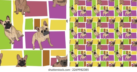 French Bulldog dog summer bright wallpaper. Holiday abstract shapes square seamless background, repeatable pattern. Birthday wallpaper, Christmas present, print tiles. Simple puzzle with dogs, for pet