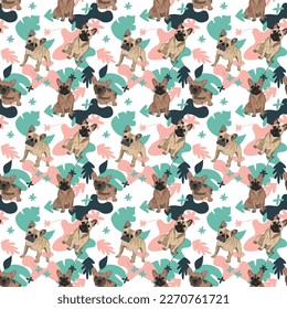 French Bulldog dog wallpaper with leaves, palms, flowers, plants. Pastel green, pink, navy. Holiday abstract natural shapes. Seamless floral background with dogs, repeatable pattern.Birthday wallpaper