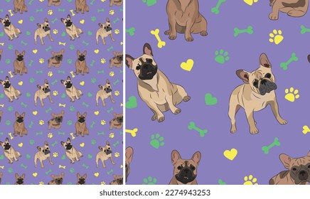 French bulldog dogs on a playful violet background with bones, hearts, paws. Funky, colorful vibe, vibrant palette. Simple, clean, modern texture. Summer seamless pattern with dogs. Birthday present.