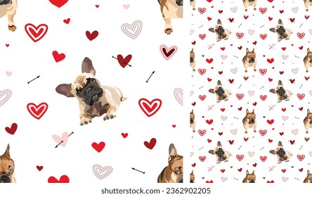 Caricatura del día de San Valentín de los perros Bulldog franceses. Me encanta garabatear los corazones con textura festiva de mascotas. Fondo cuadrado, patrón repetible. Papel mural del día de San Valentín, regalo de San Valentín, impreso.