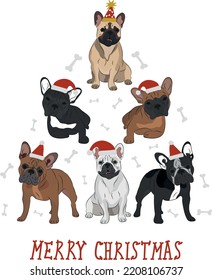 French bulldog dogs wearing winter hats. Cute funny dogs. Character design. Abstract Christmas tree. Vector illustration. Merry Christmas greeting card with cute funny dogs. Bulldog poster.