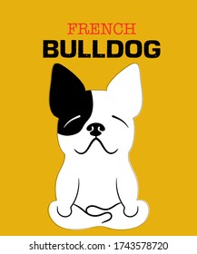 French bulldog doing yoga. French dog hand drawn. Vector illustration art on yellow background.