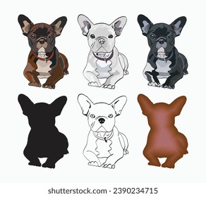 French bulldog drawing art. Cute dog character in a sitting pose, designs for printing, cute cartoon vector set. Black, fawn, brown. Stickers collection, silhouette, outline, french bulldog contour.