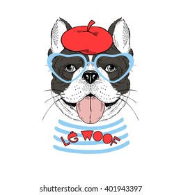 french bulldog dressed up in Parisian chic style, hand drawn graphic, animal illustration