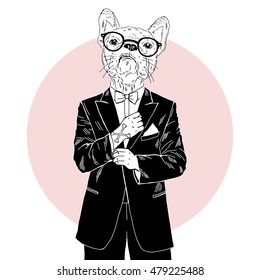 french bulldog dressed up in tuxedo, anthropomorphic illustration, fashion animals