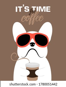 French bulldog drinking coffee cartoon isolated on brown background. Vector illustration art. Cute white dog wearing red sunglasses.