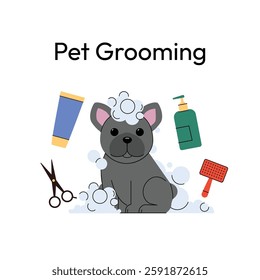 French Bulldog enjoying a bath. The adorable pup is covered in soap bubbles, surrounded by grooming tools like shampoo, scissors, and a brush. Ideal for pet care themes. Vector illustration