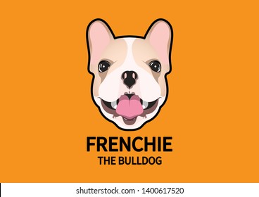 French Bulldog face with mouth open style portrait in orange background. The dog label for any artwork is a cute and adorable design.