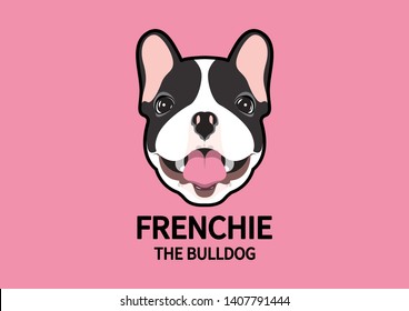 French Bulldog face with mouth open style portrait in pink background. The dog label for any artwork is a cute and adorable design.