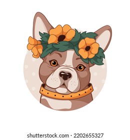 French bulldog and flowers  Vector illustration cute puppy  Funny character in orange colors gentle background  Dogs  pets  animal lovers theme design elements  Cartoon character