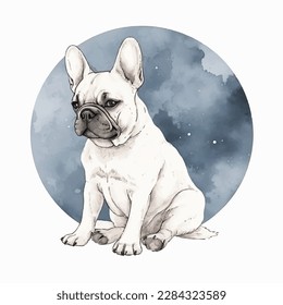 french bulldog in front of the moon watercolor paint