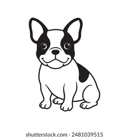 French bulldog (full body) black and white hand drawn cartoon portrait. Funny cute bulldog puppy face. 