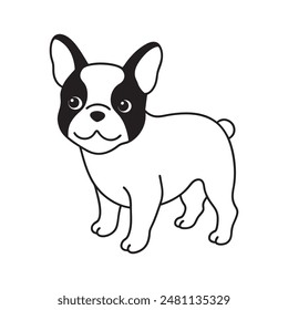 French bulldog (full body) black and white hand drawn cartoon portrait. Funny cute bulldog puppy face.