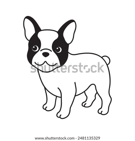 French bulldog (full body) black and white hand drawn cartoon portrait. Funny cute bulldog puppy face.