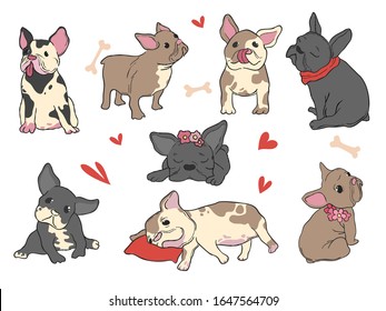 French bulldog. Funny pet puppy in different pose happy doggie hug fashion glamour vector style set