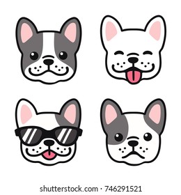 French Bulldog hand drawn cartoon face set. Cute Frenchie puppy drawing, vector illustration.