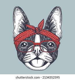 French bulldog hand drawn wearing a red glasses and polka dot bandana for your company or brand