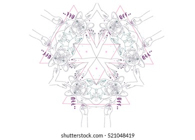 French bulldog and hands in the shape of a triangle, abstract vector background for printing