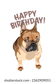 Tarjeta de cumpleaños French Bulldog Happy con un texto, diseño de vacaciones. Presente para un amante de los perros. Graciosa ilustración de perros de dibujos animados. Tarjeta de cumpleaños minimalista con terror. Regalo de vacaciones para amante de los perros.