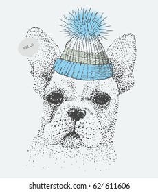 French bulldog in a hat. vector. freehand drawing