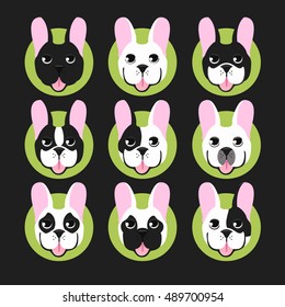 French bulldog head isolated on black background. Vector illustration set icon