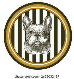French bulldog head realistic ink vector illustration. Dog drawing in a circle. Ceramic, porcelain plate design composition with dog portrait. Hand drawn design for emblem, tableware, apparel.