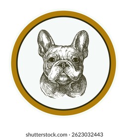 French bulldog head realistic ink vector illustration. Dog drawing in a circle. Ceramic, porcelain plate design composition with dog portrait. Hand drawn design for emblem, tableware, apparel.