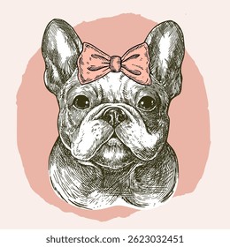 French bulldog head realistic ink vector illustration. Realistic cute dog with bow and glasses pen and ink drawing. Design for stationery, postcard, home decor, mug, t-shirt.