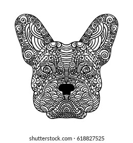 French bulldog head zentangle stylized, vector, illustration, freehand pencil, hand drawn, pattern. Zen art Ornate vector