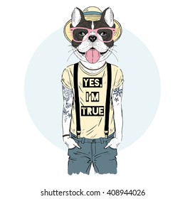 French bulldog hipster in cool t  shirt  Furry art illustration  Fashion animals  Hipster animals  Dressed up animals 
