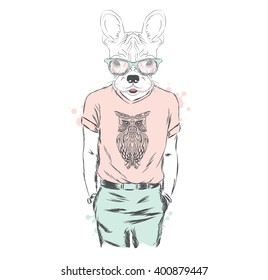 French Bulldog - hipster. Vector illustration. Print.