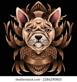 french bulldog illustration with baroque ornament