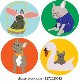 French bulldog illustration, dog characters, French bulldog cartoon, French bulldog costume, Easter Festival, sleepy french bulldog, Rubber ducks swimming laps, Easter rabbit, Easter basket