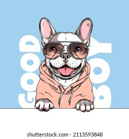 Französische Bulldogie-Illustration. Happy Hund ​ ​ Skizze. Bild für den Druck auf einer beliebigen Oberfläche	