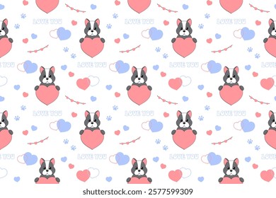 French bulldog in love and hearts. Seamless pattern for Valentines day. Festive design for wrapping paper, fabric, wallpaper, cards. Vector illustration