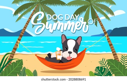 French bulldog lying in a hammock against the backdrop of the island sea. coconut trees and palm leaves vector illustration
