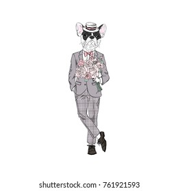 French bulldog man dressed up in dressy suit with flowers, romantic character
