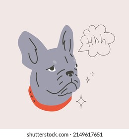 French bulldog muzzle with speech bubble vector illustration. Dog wearing collar. Retro cartoon pet character isolated on grey background.