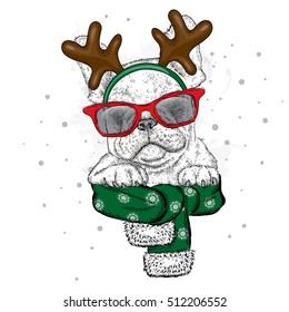 French Bulldog in the New Year costume. Doggie in the horns of a deer. Vector illustration for a card or poster. New Year's and Christmas.