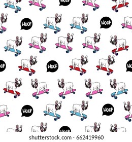 French Bulldog on skateboard seamless pattern on white background. Vector illustration.