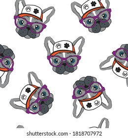 french bulldog pattern, french bulldog with glasses and hip hop cap seamless pattern