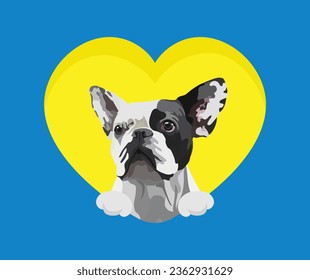 Bulldog francés con patas, postal de San Valentín. Gran corazón con la cabeza de mascota mirando desde un corazón, regalo de vacaciones. Caricatura de fondo azul cuadrado con arte de raza bulldog. 