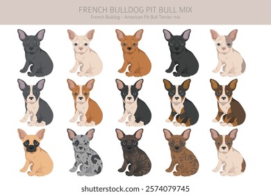 French Bulldog Pitbull mix clipart. French Bulldog - Pit bull terrier mix. All possible coat colors, breed information, adults and puppies.  Vector illustration